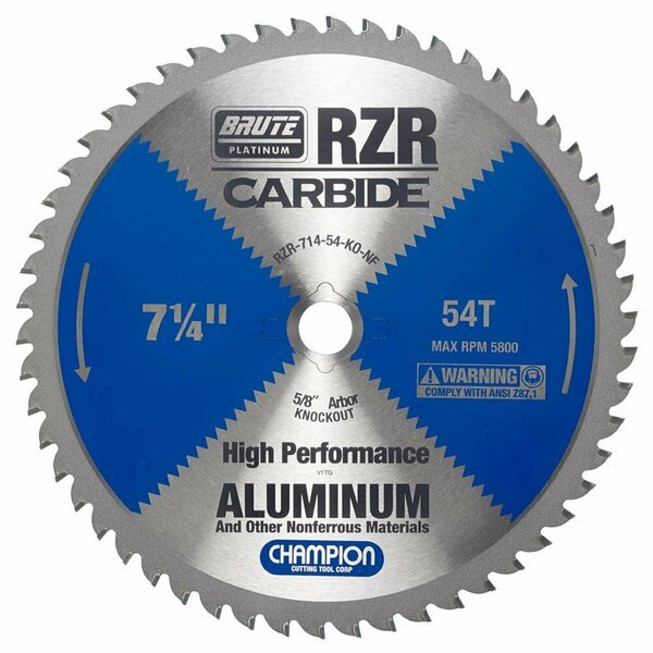 Brute Platinum 7-1/4in Brute RZR Carbide Tipped Circular Saw Blades for Aluminum, 54 Teeth, 5/8in KO Arbor CHA RZR-714-54-KO-NF